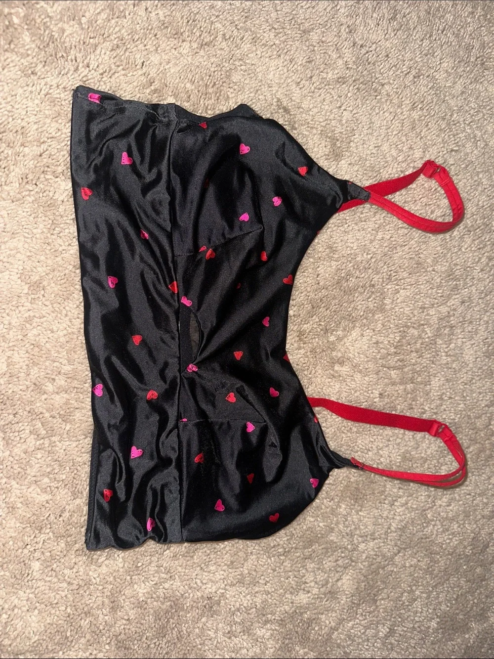 Auden Black Satin Heart Bralette with Red Straps and Pink Accents